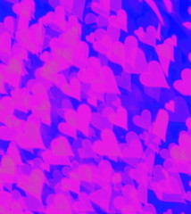 Fantasy abstract picture with lilac blurred hearts on the blue background, vivid tones