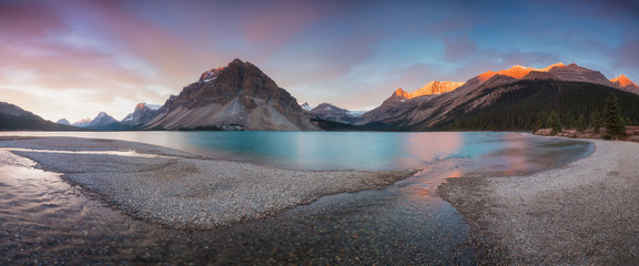 Autumn in the mountains near Bow Lake Banff National Park Alberta Canada Bow Lake panorama reflection with first snow in mountains. Waputik Range, Cascade Rocky mountains Beautiful landscape concept.