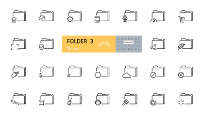 Set of icons archive folders. 25 editable vector images. Folder with the sun, a book, a tree, a house, speed, basket, goal, protection, sheet, pointer, dollar, broom, music, brush, palette, failure.