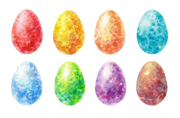 Easter egg, set of colored eggs, watercolor illustration. Set of elements for greeting card design. Happy Easter. Set of colored eggs on a white background.