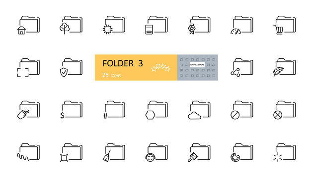 Set of icons archive folders. 25 editable vector images. Folder with the sun, a book, a tree, a house, speed, basket, goal, protection, sheet, pointer, dollar, broom, music, brush, palette, failure.
