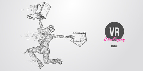 VR online shopping. Polygonal woman, girl wearing virtual reality glasses. Beautiful happy woman is jumping with a shopping bags, buy a goods in one click. VR headset holographic wireframe vector