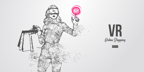 VR online shopping. Polygonal woman, girl wearing virtual reality glasses. Beautiful happy and stylish woman with a shopping bags, buy a goods in one click. VR headset holographic wireframe vector