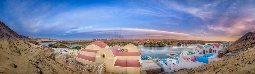 Aswan, West bank of the Nile, wide Panorama