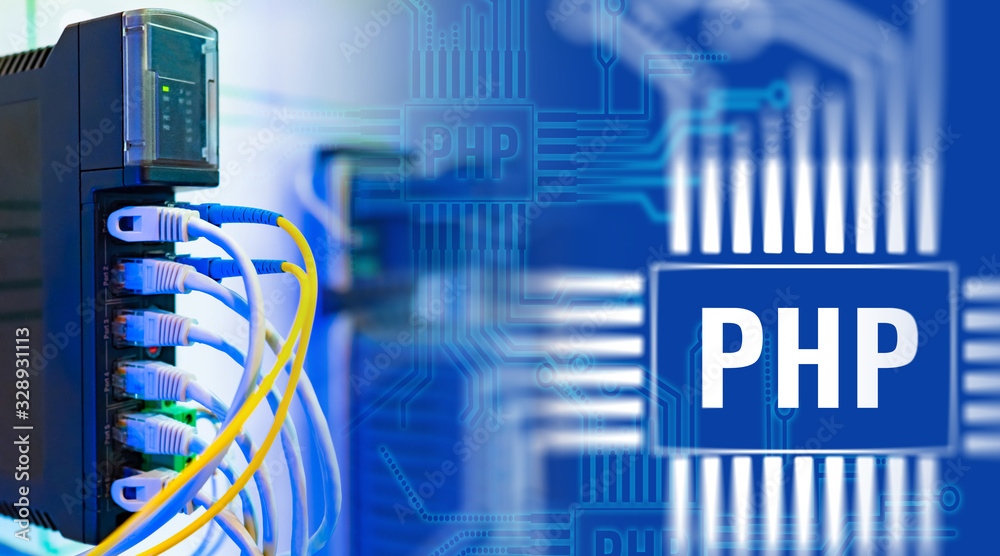 Poster php network. internet. php logo on the background of electronic circuit boards. network hardware. co