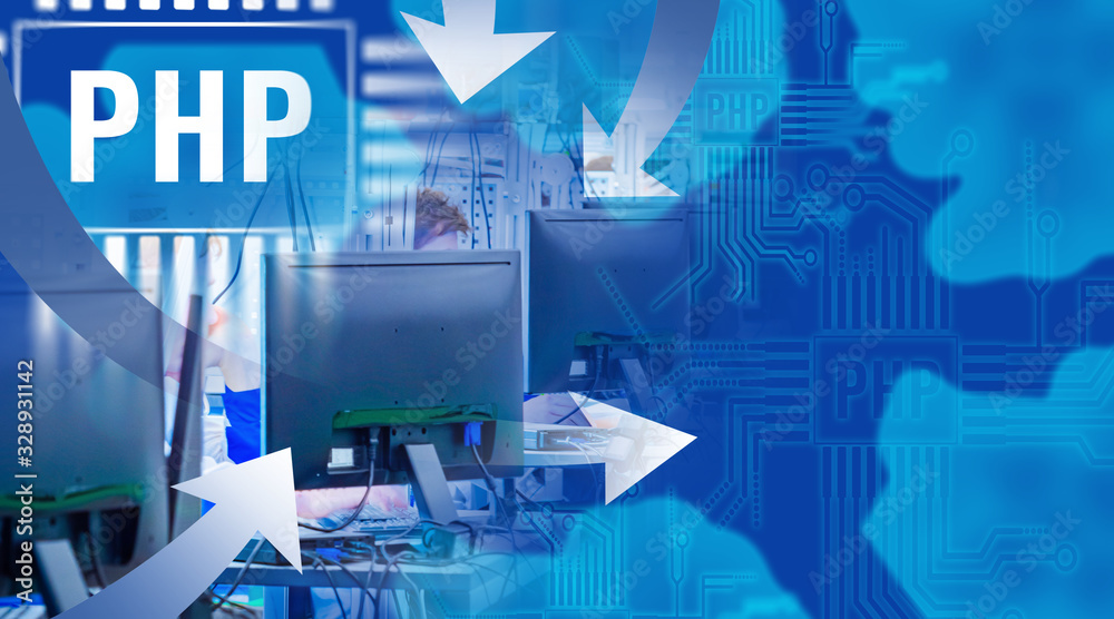 Poster office. php logo. arrows point in different directions. lines of computer boards. website developmen