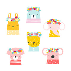 Set of cute animals with floral wreath. Vector hand drawn illustration.