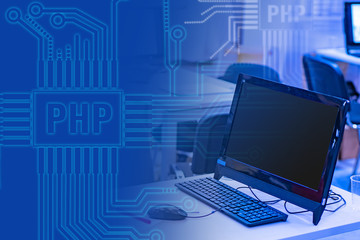 A computer. PHP logo. The lines are like the electronic boards on the background. Concept - website development. The programming language is the Personal home page. Workplace of the PHP programmer.