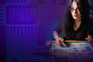PHP logo. Site architecture in PHP. Lead manager draws up a plan for programmers. A girl draws a...