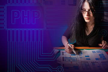 PHP logo. Site architecture in PHP. Lead manager draws up a plan for programmers. A girl draws a sequence on mock-ups. Concept - the process of creating a site. Frontend development. Website building