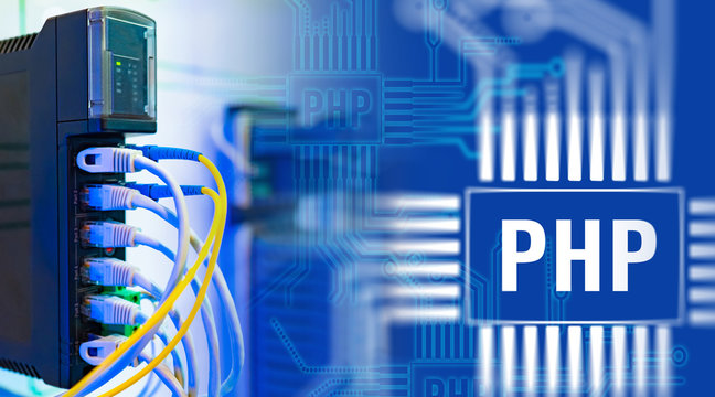 PHP Network. Internet. PHP logo on the background of electronic circuit boards. Network hardware. Concept - training for a PHP programmer. Fiber optic cables lead to the server. Personal home page.