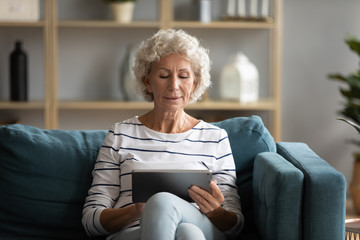 Modern middle-aged 50s grandmother sit relax on couch in living room using tablet, contemporary elderly mature woman rest on sofa at home browse Internet on pad, old people technology concept