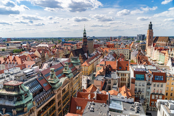 Fototapeta premium Top aerial panoramic view of Wroclaw old town historical city centre with Rynek Market Square