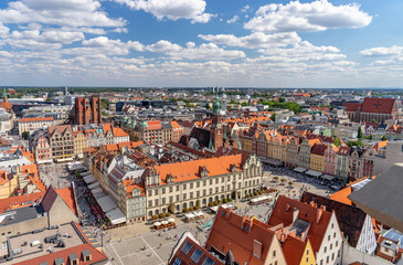Naklejka na ściany i meble Top aerial panoramic view of Wroclaw old town historical city centre with Rynek Market Square