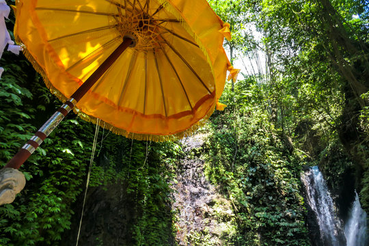 A yellow umbrella located at the foothill of Gitgit Twin Waterfall, Bali Indonesia. The yellow canvas contrast with lush green fora of Bali. Holy and sacred place. The waterfall is surrounded by rocks