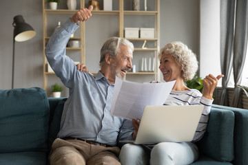 Overjoyed middle-aged 60s couple clients sit on couch at home triumph pay bills on laptop online,...