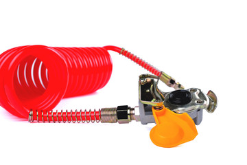 pneumatic hose and connecting head of a PALM truck for supplying compressed air from the tractor to the trailer white background