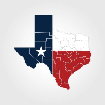 Texas map. Texas flag inside the map.Vector icon illustration. 