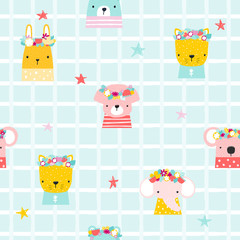 Cute seamless pattern with cartoon animals. Childish pastel print. Vector hand drawn illustration. 