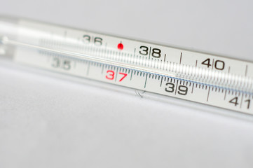 Mercury thermometer, on white background showing 39 degrees Celsius.