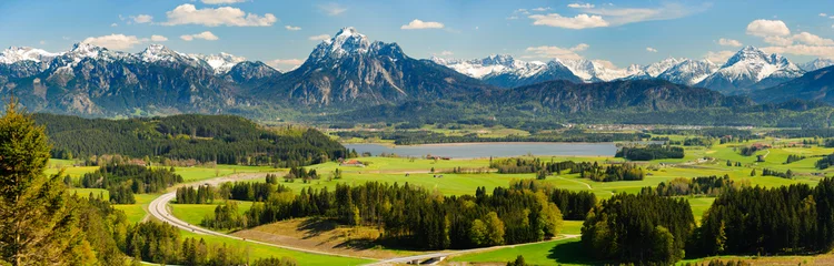  panoramisch landschap met weide en meer voor de bergen van alpen © Wolfilser