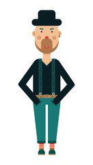 Hipster in pants, sweater and black hat standing with smiling face and looking at camera, vector illustration
