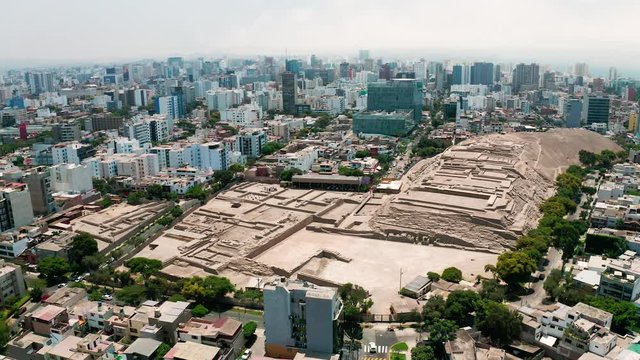 Aerial view of Huaca Pucllana archeological site in San Isidro disctrict. Ancient pre-inca ruins in the middle of an urban city.