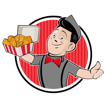 cartoon logo of a happy man serving chicken nuggets