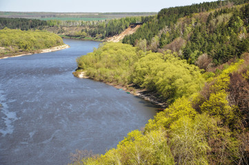 Fototapeta na wymiar Spring scenery . Panoramic top view of the bend of a large river. Trees with young foliage grow along the banks of the river. Forest and field are visible in the distance.
