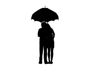 Silhouette of two lovers man and woman stand under umbrella