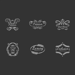 Premium quality chalk white icons set on black background. Luxury products, service guarantee. Brand equity assurance. Best choice, exclusive goods badges isolated vector chalkboard illustrations