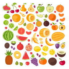 Fototapeta na wymiar Half slice cut and whole fruits isolated set. Vector flat graphic design illustration