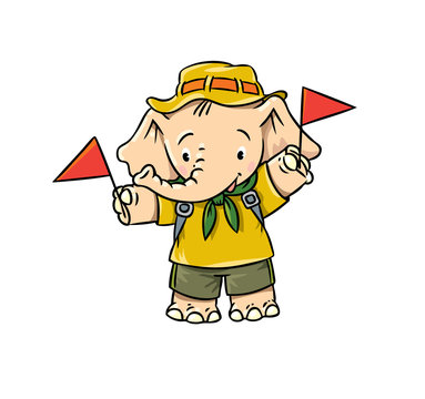 Little baby elephant waving by flags. Scout camp