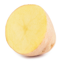 Half raw potatoes on a white background.