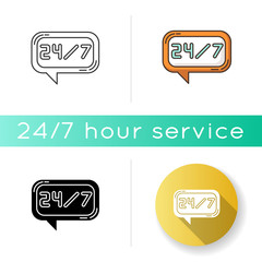 24 7 hour online chat icon. Twenty four seven hours call center. Everyday helpline. Always available helpdesk. Support 24 7 hrs. Linear black and RGB color styles. Isolated vector illustrations