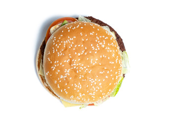 Burger top view on a white background. Isolated.