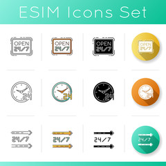 24 7 hour service icons set. Twenty four seven store. Hanging retail sign. Circle watch dial badge. Straight lines on sign. Linear, black and RGB color styles. Isolated vector illustrations