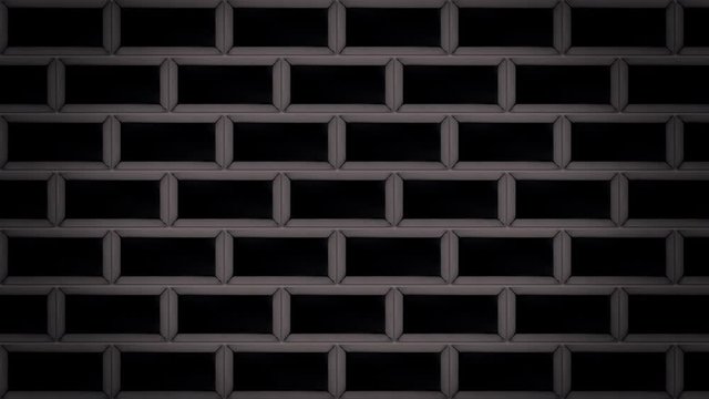 Abstract black bricks appearing and forming a wall on grey background. Animation. Flying same size rectangles stand in horizontal parallel rows, monochrome.