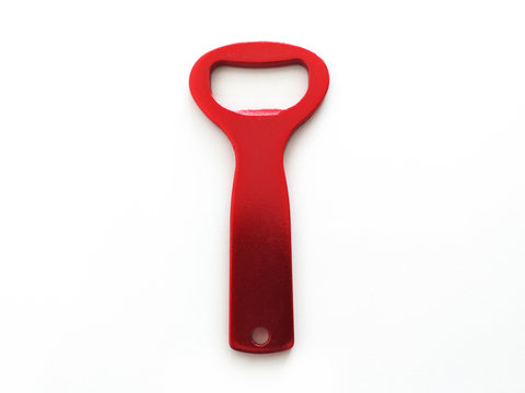 Front And Vertical View Of Red Bottle Opener Isolated On White Background. Close Up Of Beer Opener.