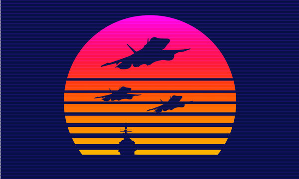 Aircraft Synthwave Sunset Vector Silhouettes