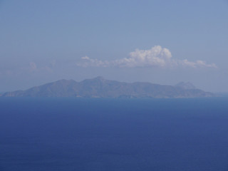 Panoramic view of the Aegean Sea and islands from the top of the mountain Mesa Vouno, on the island of Santorini, Greece.