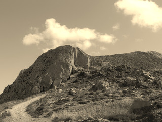 Fototapeta na wymiar Panoramic view of Mount Mesa Vouno on Santorini island, Greece.