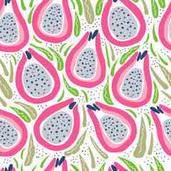 pitaya with green leaves vector seamless pattern