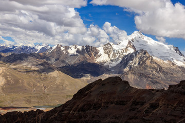 Cordillera real with huyana potosi as seen from chacaltaya mountain near La paz in Bolivia