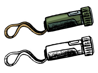 Pocket flashlight. Hand drawn vector illustration. Set of contour and color drawing isolated on white. Doodle element for design, print, card, sticker. Vintage, ink sketch, etching, realistic style.