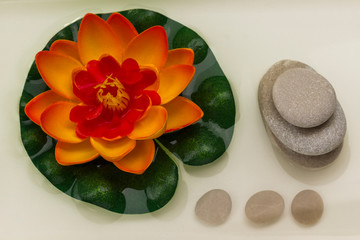 Stone balance pyramid, orange lily. SPA relaxation concept. White background.