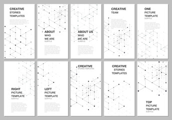 Social networks stories design, vertical banner or flyer templates. Covers design templates for flyer, leaflet, brochure cover, advertising banner. Geometric background with hexagons and triangles.