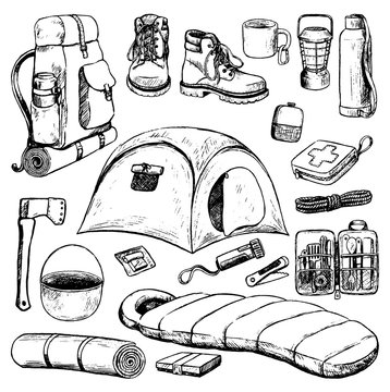 Hand Drawn Vector Illustration. Set Of Travel Attributes And Tourism Accessories. Camping, Hiking Theme Collection In Sketch Style. Monochrome Realistic Outline Elements Isolated On White For Design.