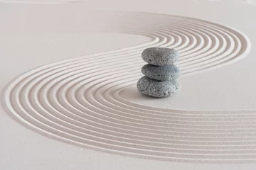 Stickers pour porte Gris Jardin zen japonais avec pierre en sable blanc texturé
