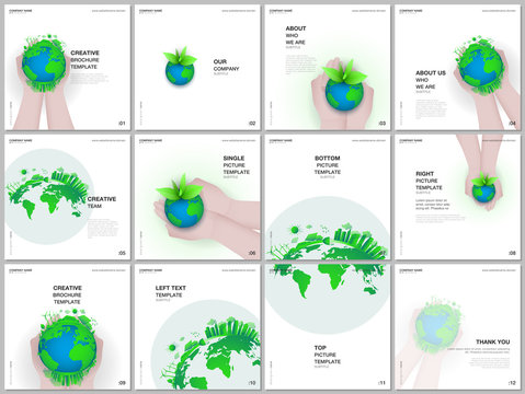 Brochure layout of square format covers design templates for square flyer leaflet, brochure design, report, magazine cover. Green world globe in the hands of man. Earth planet health care concept.
